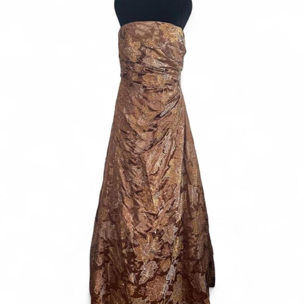 Jovani Vintage Y2K Brown Gold Floral Silk Beaded Strapless Gown Dress Womens 10
